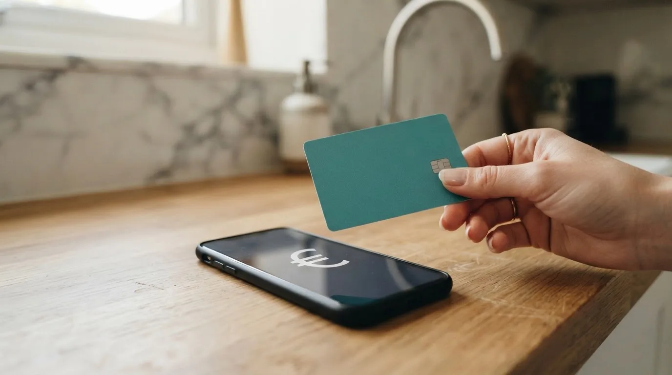 Een hand houdt een betaalpas vast naast een smartphone op een houten aanrecht in een moderne keuken.