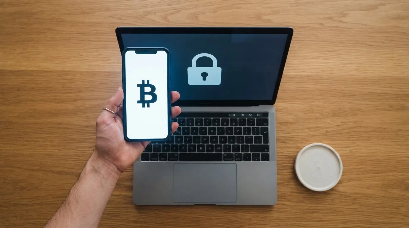 Een persoon houdt een smartphone vast boven een laptop op een houten tafel, in een minimalistisch ingerichte thuiswerkplek.