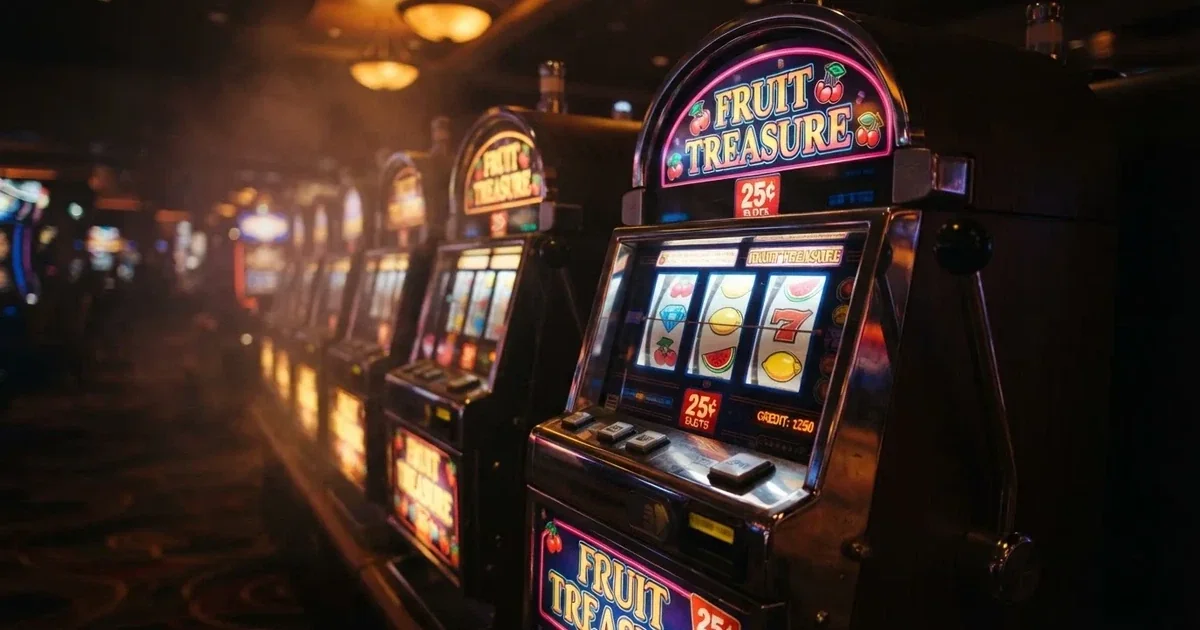 Een close-up van kleurrijke gokkasten met knipperende lichten in een schemerig casino, zonder zichtbare spelers of tekst.