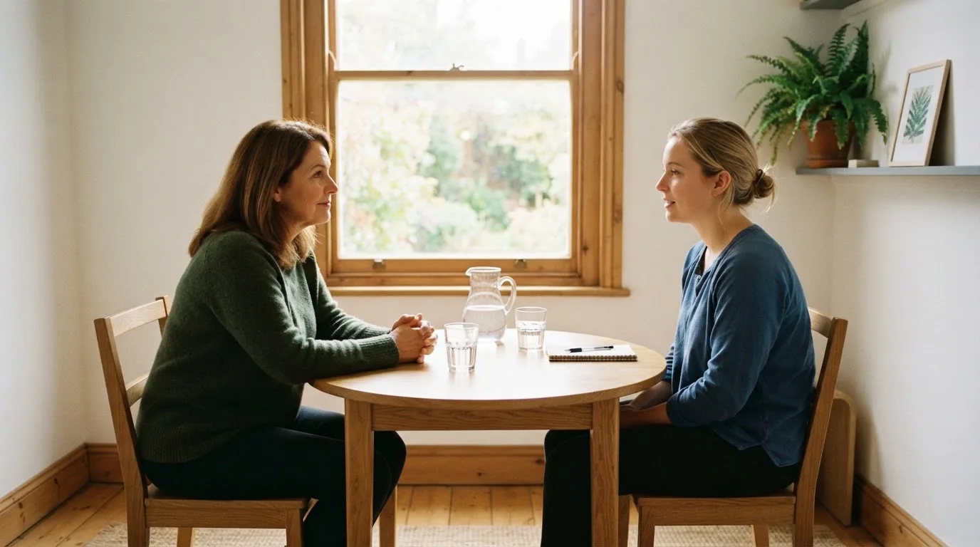 Twee mensen praten rustig tegenover elkaar in een sobere spreekkamer met daglicht door een raam, zonder zichtbare tekst.