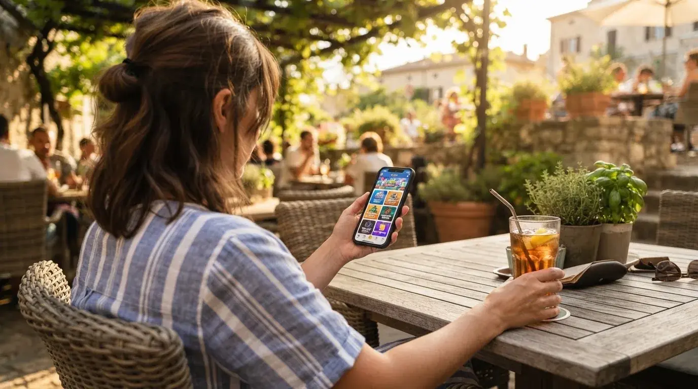 Een vrouw scrolt ontspannen op haar smartphone terwijl ze op een terras in de zon zit.